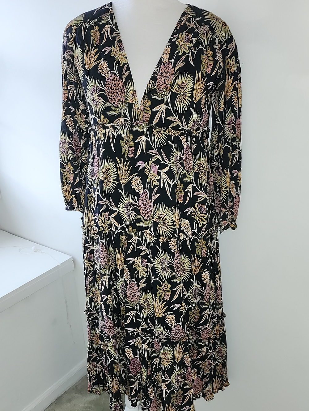 Banjanan 100% Cotton Floral Smocked Midi Dress Size XS Mini Pleats